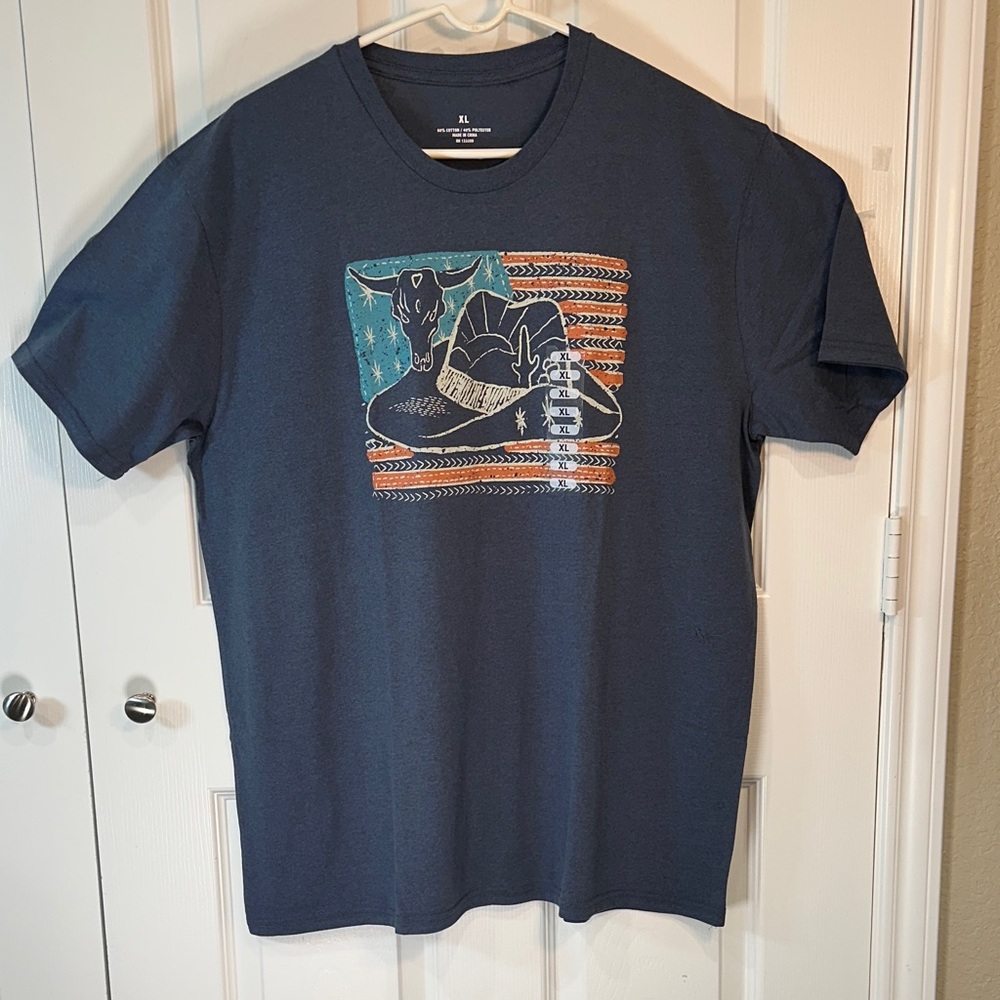 Men's Blue Graphic Tee with Western Design